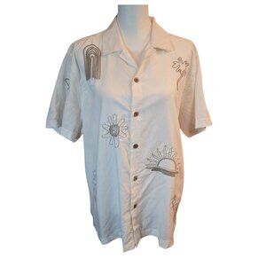 Free Planet Sunny Days Good Times Men Embroidered Short Sleeve Shirt Sz: M Ivory